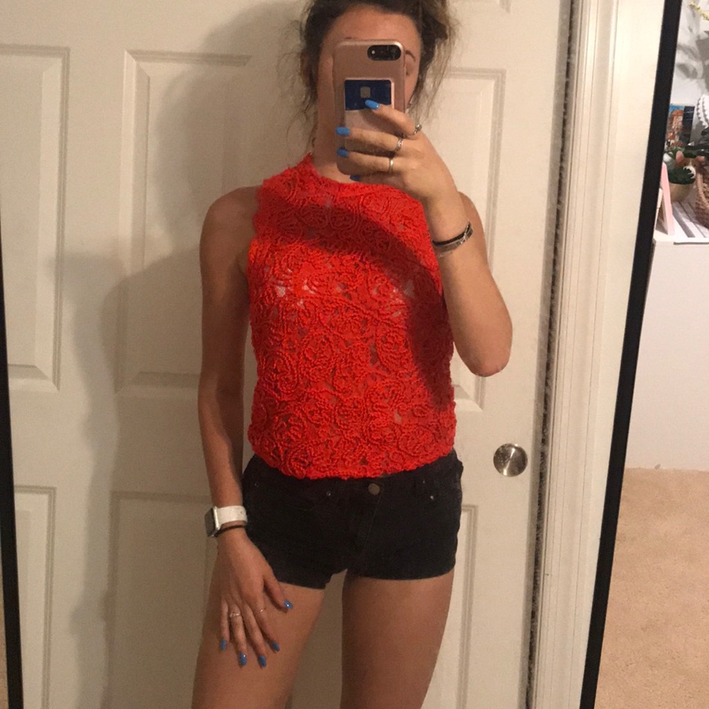 zara red lace halter top